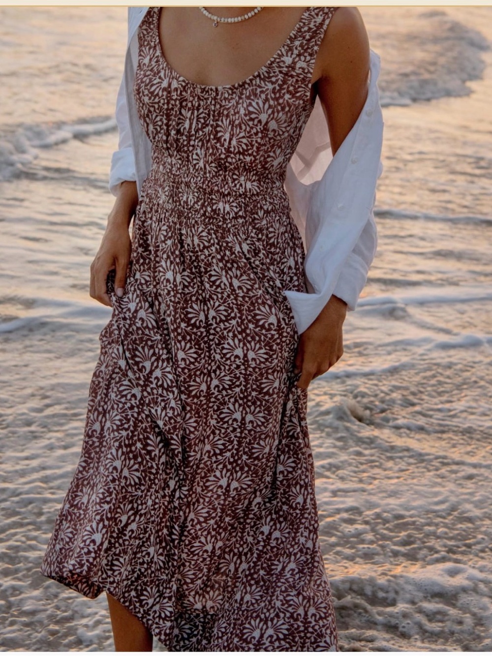 Faherty Brown and White Printed Midi Dress